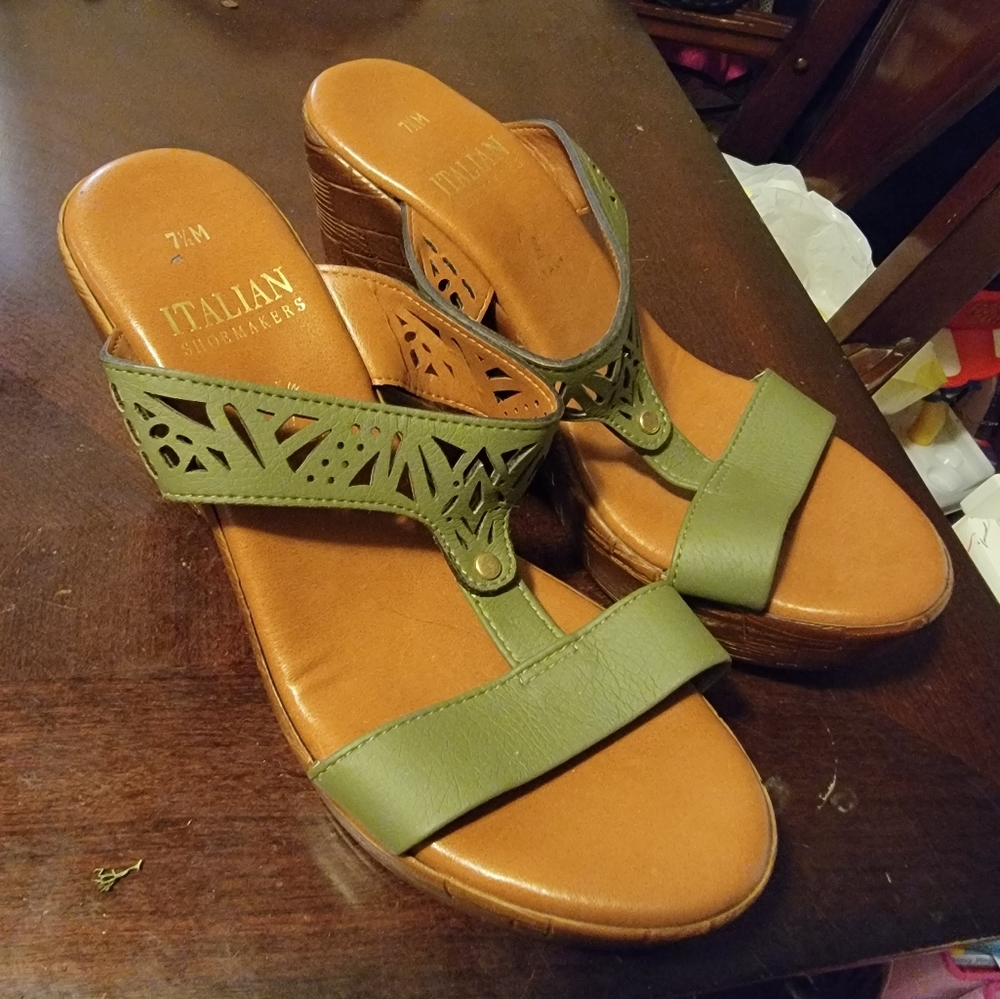 Green platform wedge slip on sandals